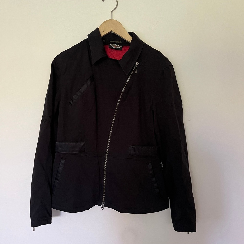 Harley-Davidson Womens Black Canvas Asymmetrical Zip Motorcycle Jacket Red Linin